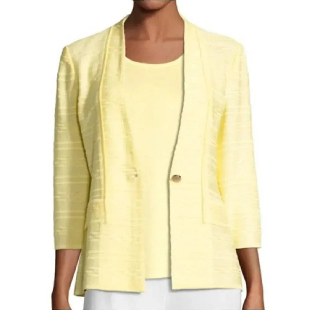 NWT Misook Textured One-Button Lemon Yellow Jacket Blazer Cardigan Size …